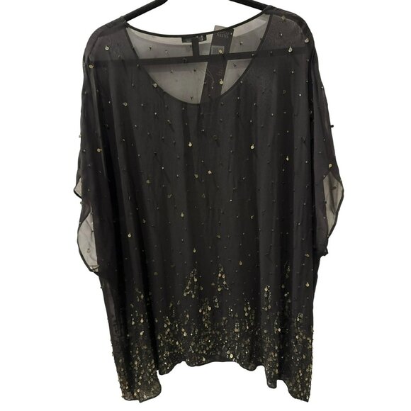 Eileen Fisher Dancing Sequin Silk Top Size 3X Black Sheer Mesh Dolman Sleeve NWT - Picture 3 of 7